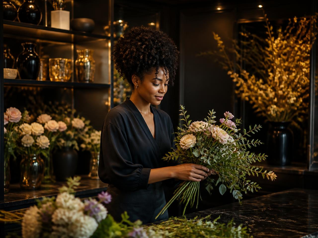 Boutique florist owner arranging flowers in her shop