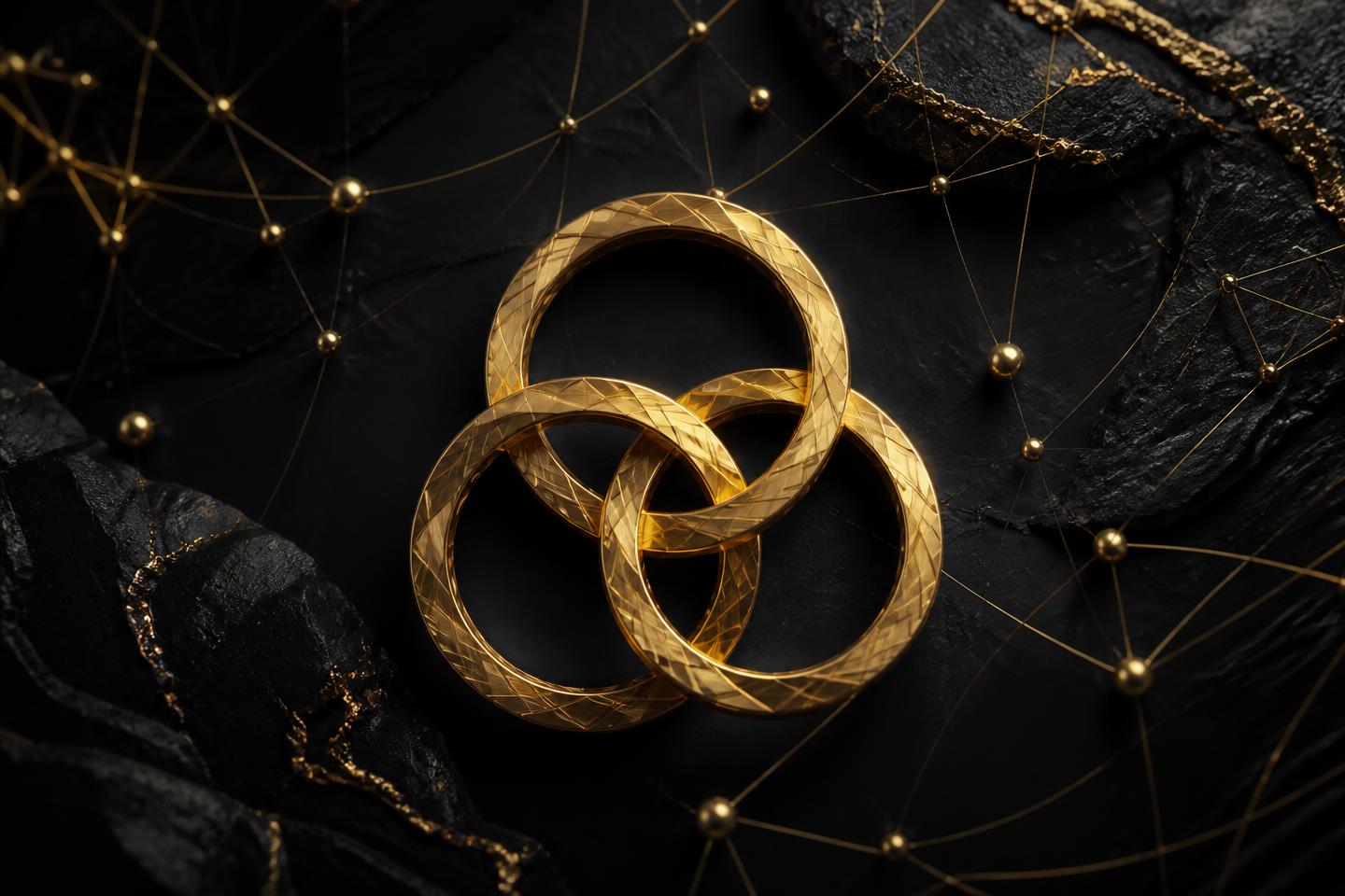 Three interlocking gold rings representing the connected platforms