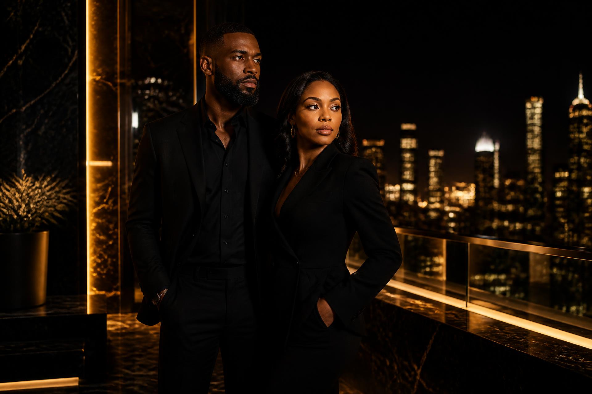 Two entrepreneurs on a penthouse terrace at night